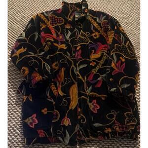 Vtg London Fog Puffer Jacket Coat Large Velvet Floral Padded Bird Pockets XL
